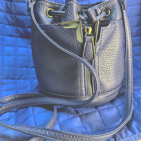 Danielle Nicole Blue Pebble Vegan PU Lthr Mini Drawstring Bucket Crossbody Bag - Picture 10 of 13